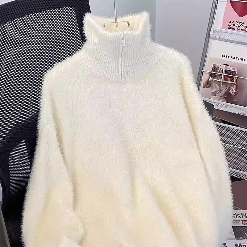 Maglione a collo alto con mezza zip, pelliccia di visone sintetica da uomo versatile, tinta unita, maglione lavorato a maglia con mezza zip, indossato con un maglione di peluche sul top 3