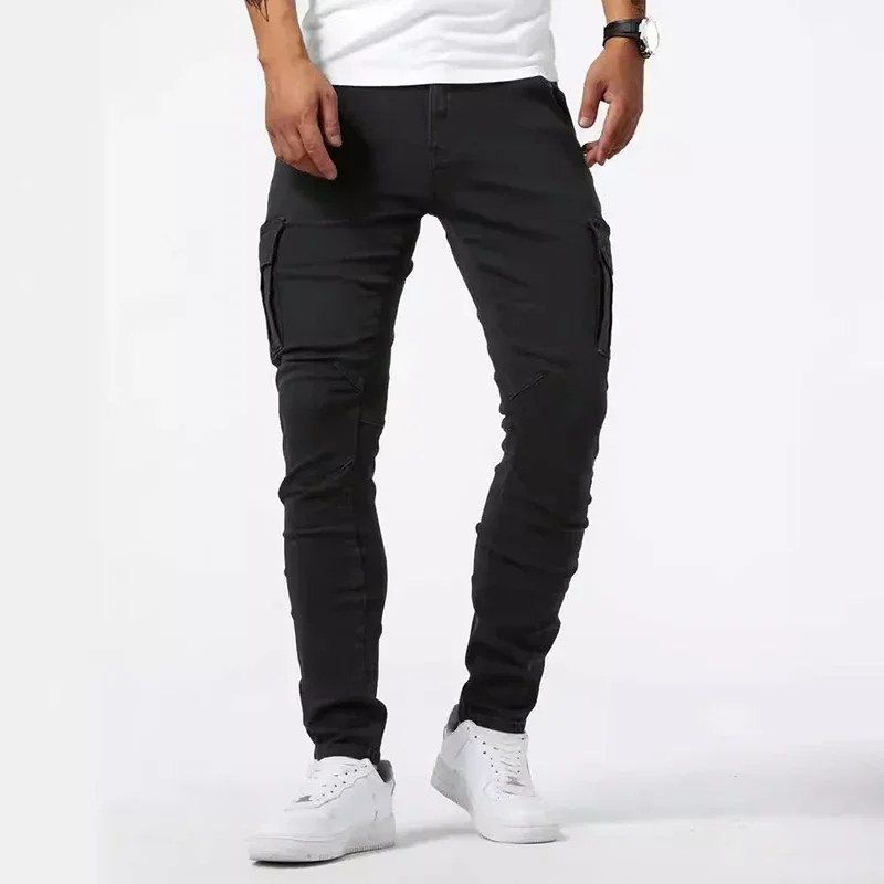 Jeans casual da uomo a matita Pantaloni multitasche elastici da uomo piccoli e sottili da strada Jeans cargo a vita media in tinta unita lavati 3