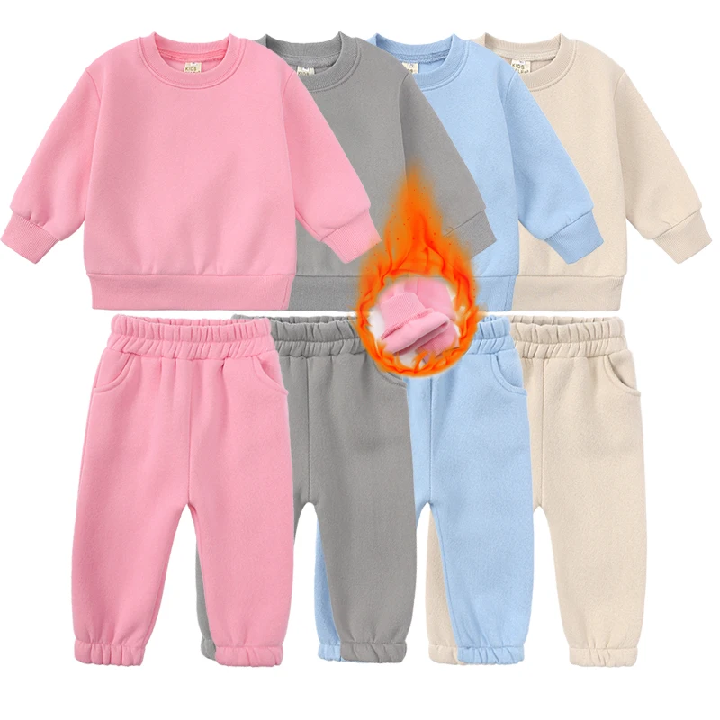 2025 nuovi arrivi bambine abbigliamento tuta 2 pezzi set caldo pile pianura top felpa + pantaloni loungewear vestito per bambini 5
