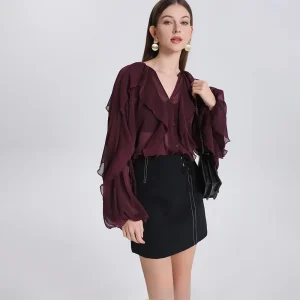 KONDALA Borgogna Camicia con volant in pizzo Donna Scollo a V Manica lunga Bottoni eleganti Camicette da donna Moda 2025 Autunno Elegante Donna Top 1