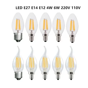 10PCS Lampadina a filamento LED E14 E27 E12 C35 C35L 220V 110 4W 6W Bianco caldo Vetro dimmerabile 360 gradi Edison Retro Candela a lume di candela Blubs 1