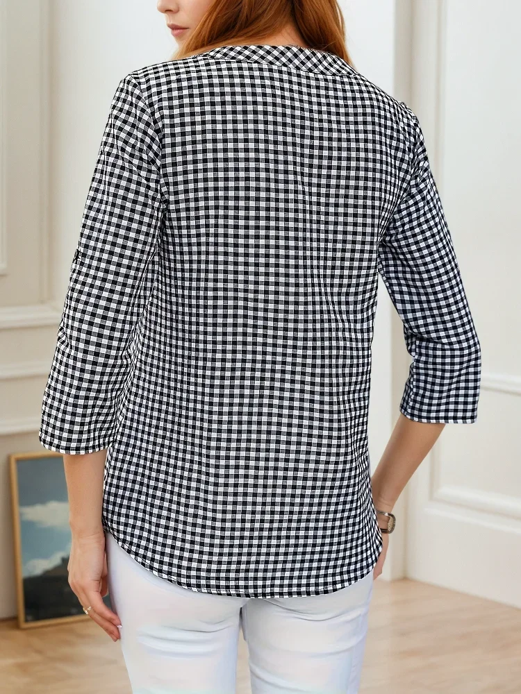 Plus Size Primavera Autunno Donna Fine Plaid Moda Manica lunga Camicetta con scollo a V Slim Fit Temperamento Top Pancia che copre Piccole camicie 4