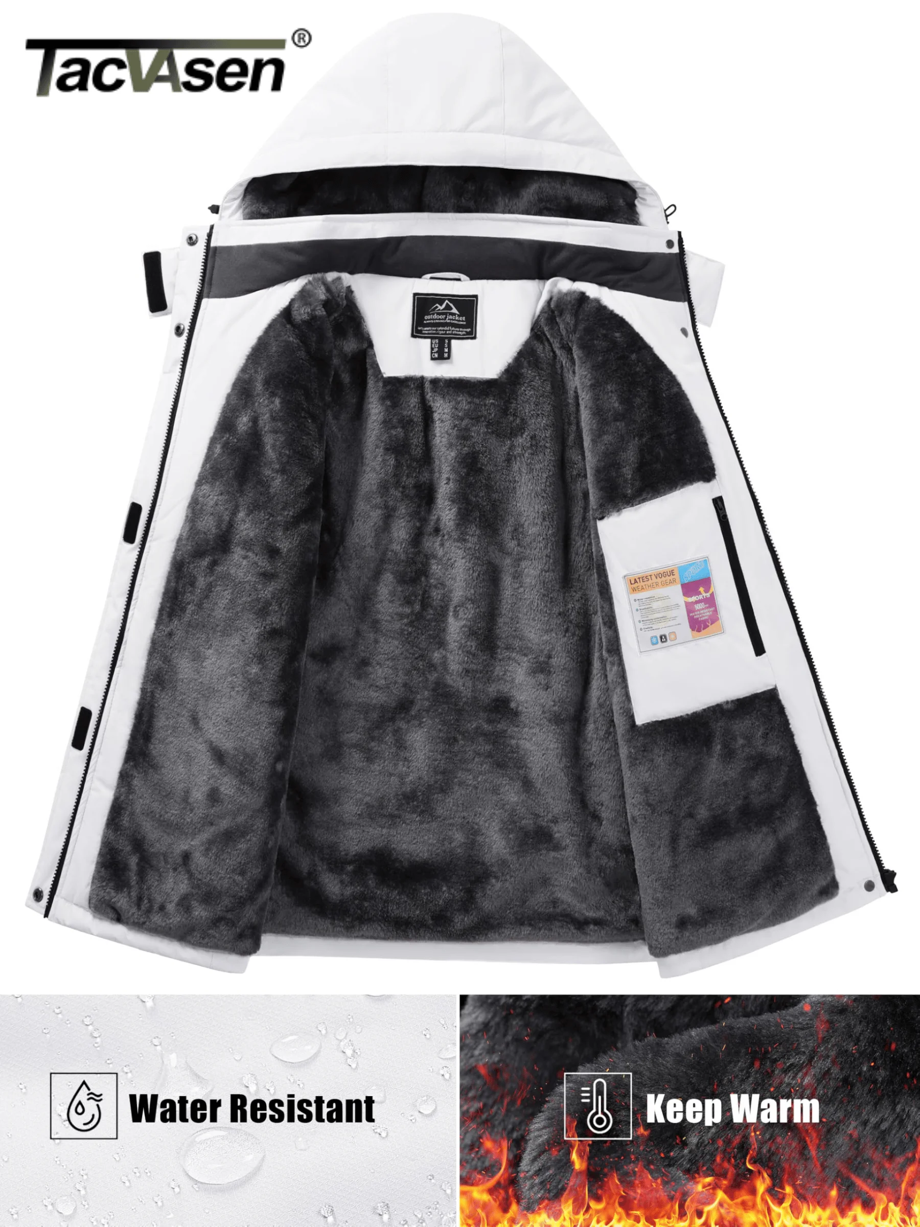 TACVASEN Inverno Giacca con Cappuccio e Fodera di Veluto per Donne Sci Snowboard Cappotto Caldo Impermeabile 5 Tasche con Cerniera Giacca Esterna 2