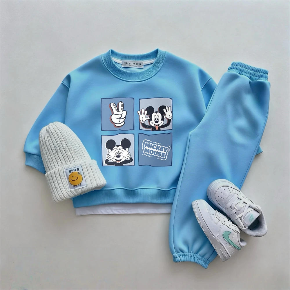 Top + Pantaloni 2 pezzi Felpe stampate Topolino Tute tinta unita Costume di moda per ragazzi Bambino Cartoon Abiti a maniche lunghe 5