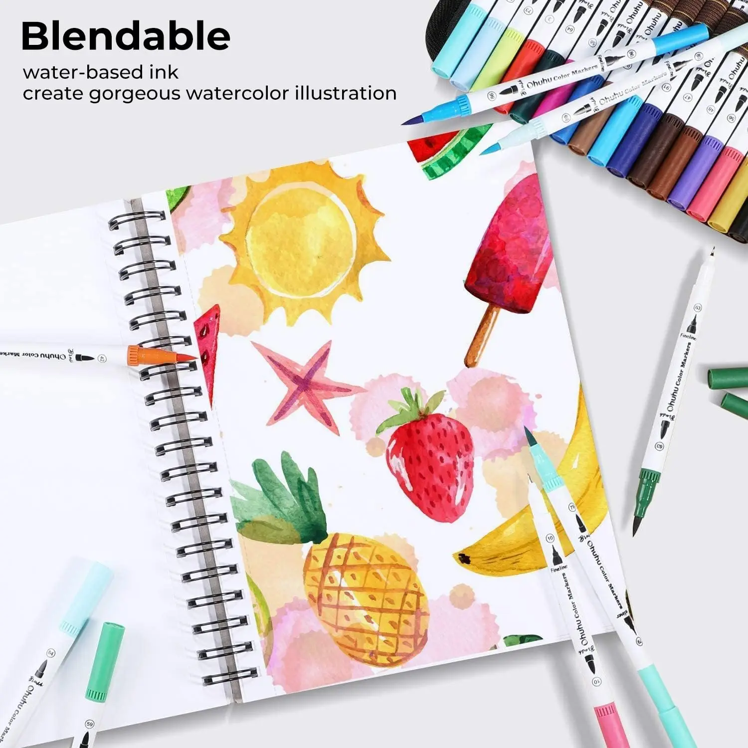 Ohuhu Pennarelli artistici Set di pennarelli a doppia punta Penna per acquerello Colorazione Pennello per acquerello Fineliner Pittura Disegno Materiale scolastico 2