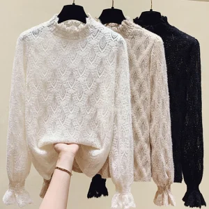 AOSSVIAO 2025 Autunno Inverno T-shirt da donna in pizzo Chic O-Collo manica lunga Casual allentato femminile Basic Top albicocca kaki nero 1