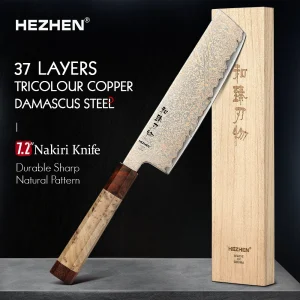 HEZHEN Coltello Nakiri da 7,2 pollici personalizzato 37 strati Coltello da cucina tricolore in rame e acciaio damasco Confezione regalo in legno 1