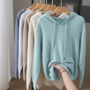 Maglione con cappuccio da uomo autunno inverno 100% maglione di cashmere visone pullover lavorato a maglia casual top lavorato a maglia allentato tinta unita a maniche lunghe 1