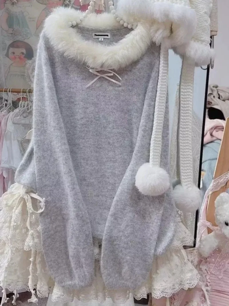 Maglioni coreani rosa dolce da donna eleganti con spalle scoperte camicie Kawaii carine maniche lunghe femminili pullover casual bianchi inverno 2025 2