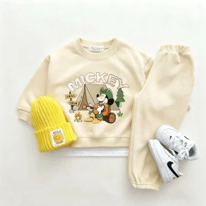 Completi a maniche lunghe Disney Nuovi abiti per bambini Top stampati a fumetti Felpa con cappuccio girocollo Tinta unita Due pezzi Abbigliamento primavera/autunno per ragazzi 1