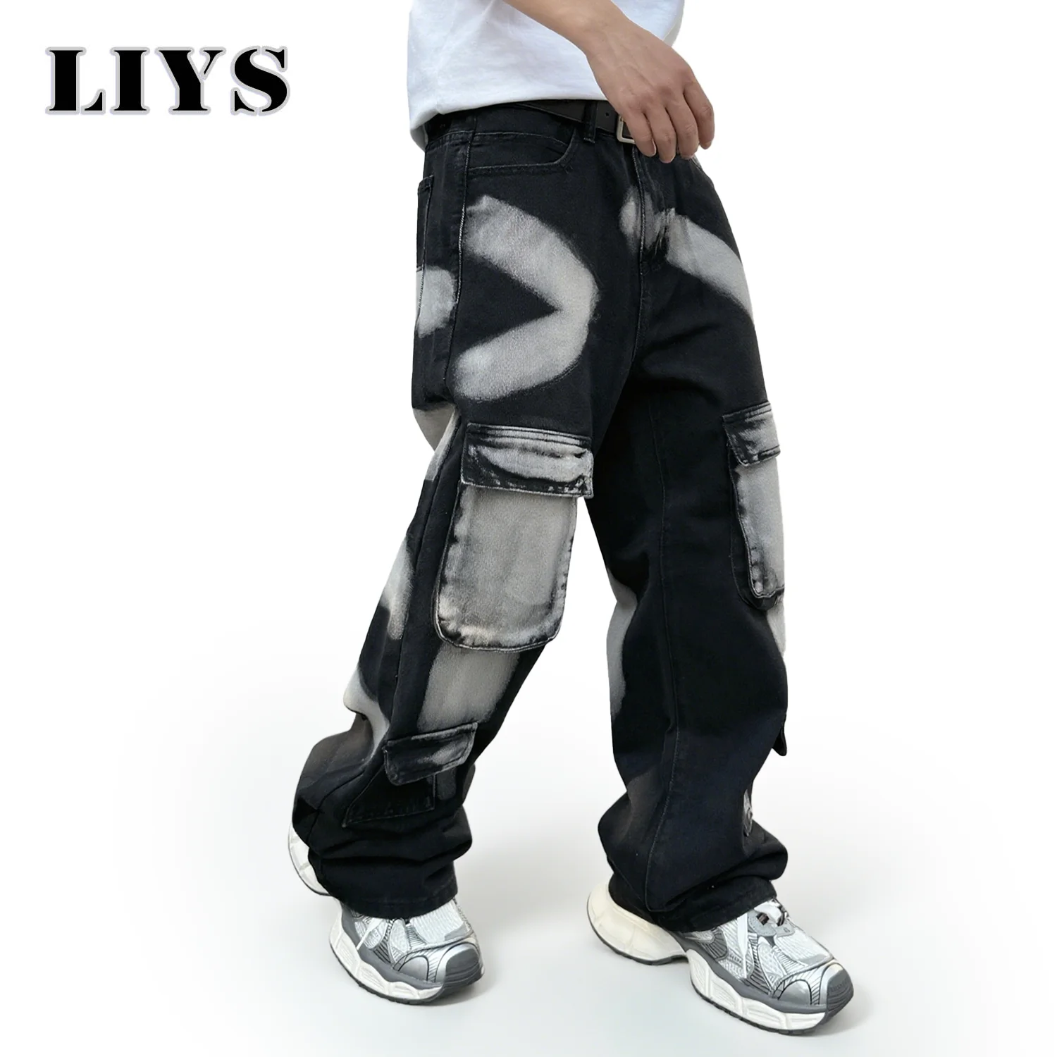 Jeans da lavoro a gamba dritta neri da uomo autunno inverno 2025 con tasche multiple Pantaloni in denim maschile con inchiostro spruzzato stile High Street 2