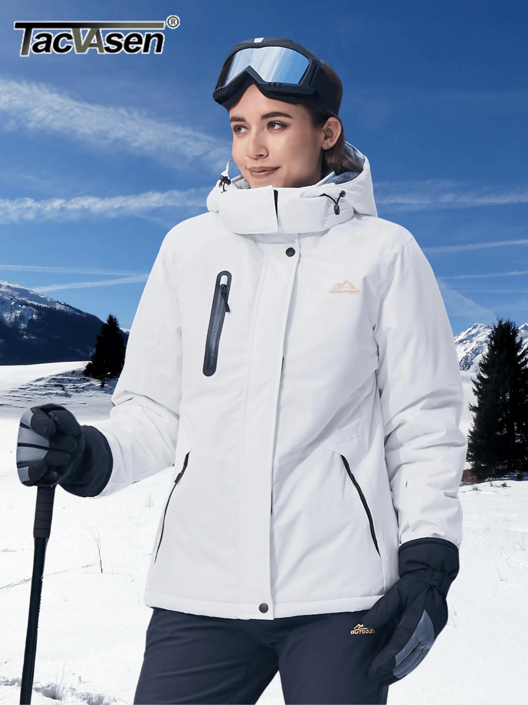 TACVASEN Inverno Giacca con Cappuccio e Fodera di Veluto per Donne Sci Snowboard Cappotto Caldo Impermeabile 5 Tasche con Cerniera Giacca Esterna 5