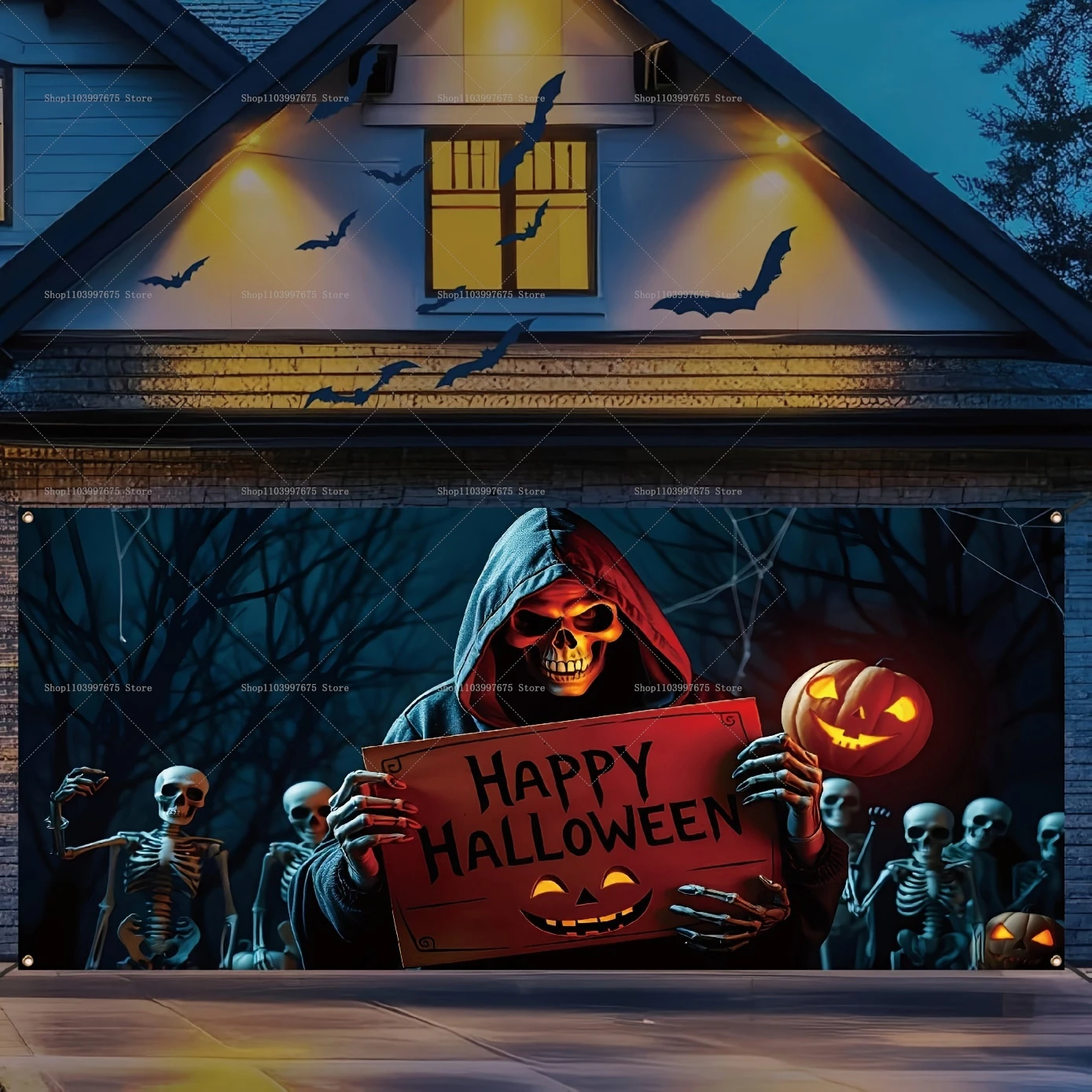 2D Halloween Spaventoso Zucca Teschio Porta del garage Banner Decorazione per Festival Fotografia Sfondo Eventi all'aperto Sfondo Puntelli 1