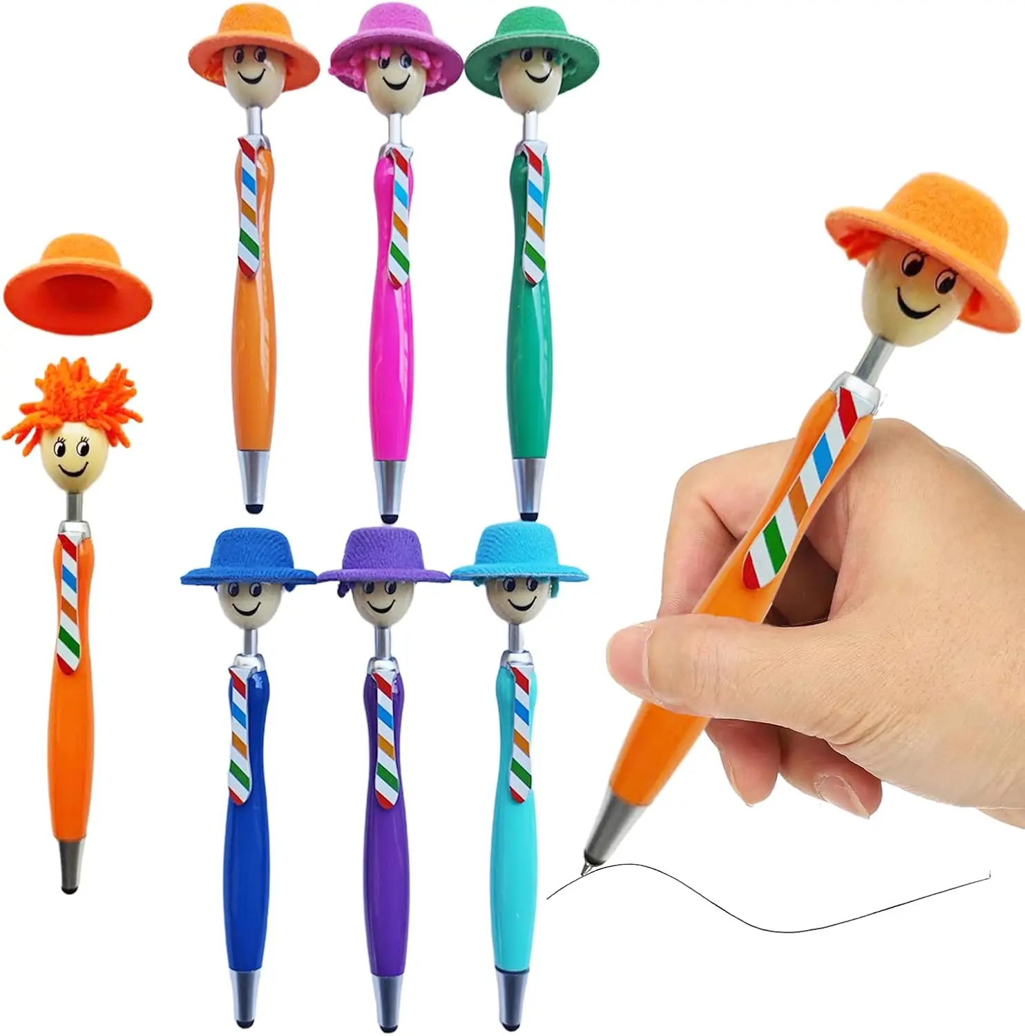 6 pezzi di penna a sfera con testa per mop, penna per mop con cappello, penna a sfera creativa in peluche con punta divertente, adatta per ufficio e scuola 1