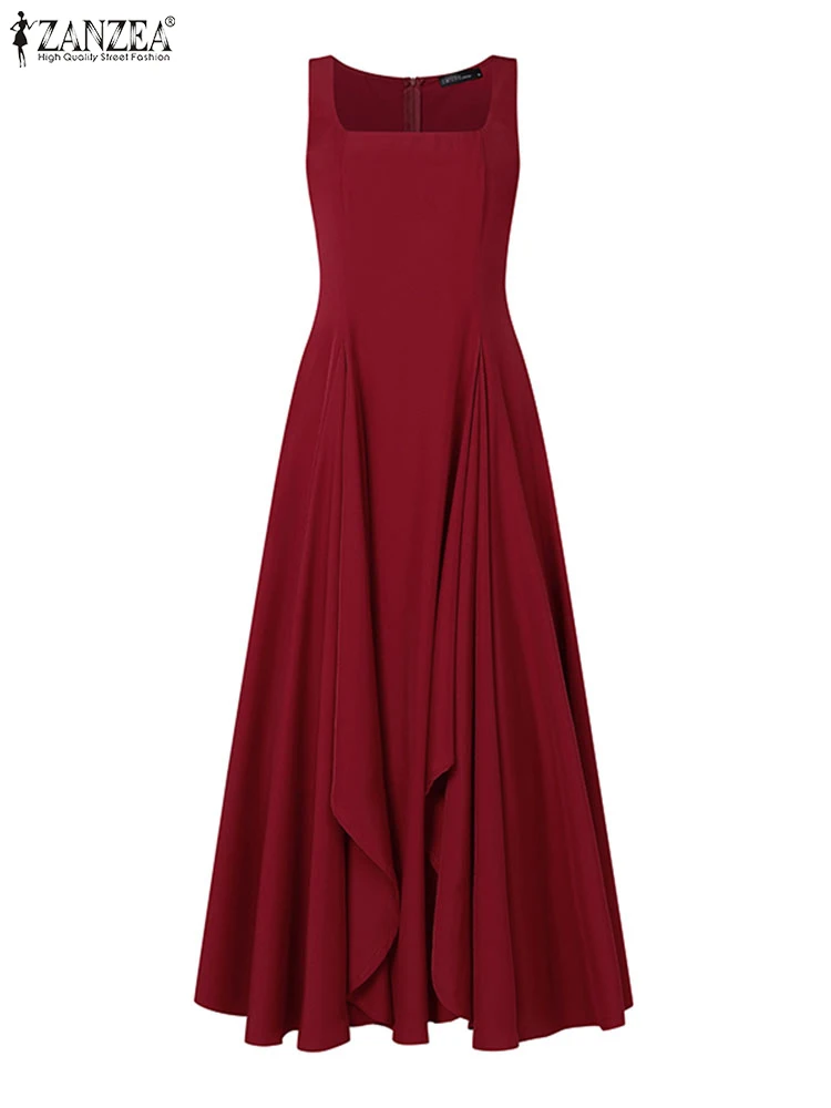 ZANZEA Vestito Da Partito Elegante Delle Donne 2025 Estate Senza Maniche Colletto Quadrato Sexy Increspato Maxi Vestito Estivo Casual Solido Abiti Lunghi Veste 4