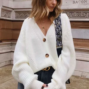 Maglione cardigan lavorato a maglia con maniche a sbuffo di nuova moda donna autunno inverno maglione con bottoni a maniche lunghe cappotto abiti invernali allentati casual 1