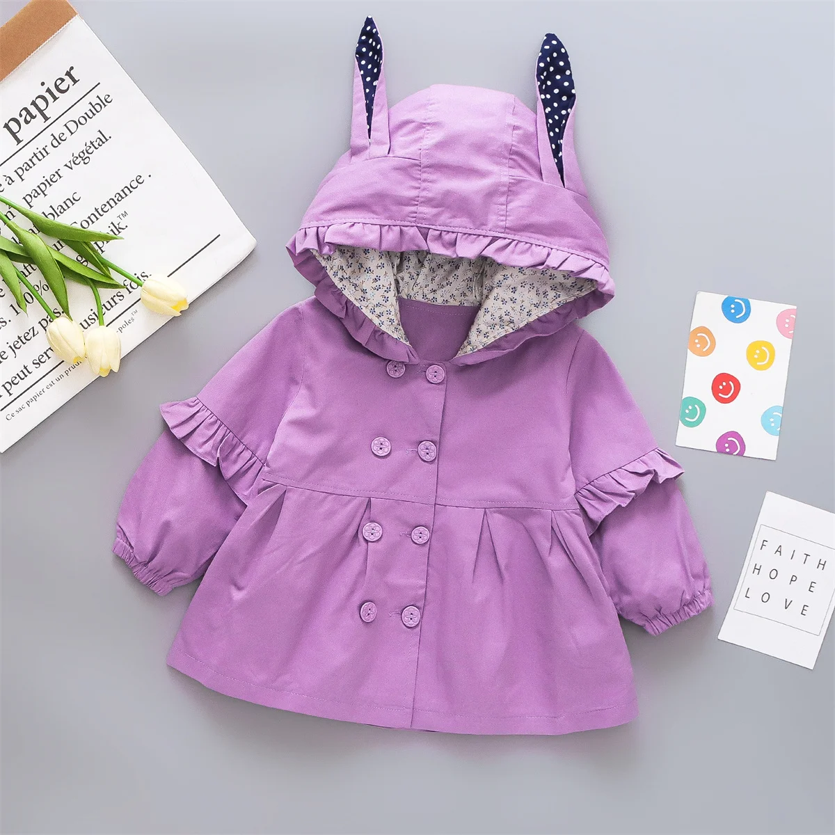 Giacca per bambini primaverili e autunnali Ragazza per bambini Cappello per orecchie solido Cappotto a maniche lunghe con doppio petto e giacca a vento carina 3