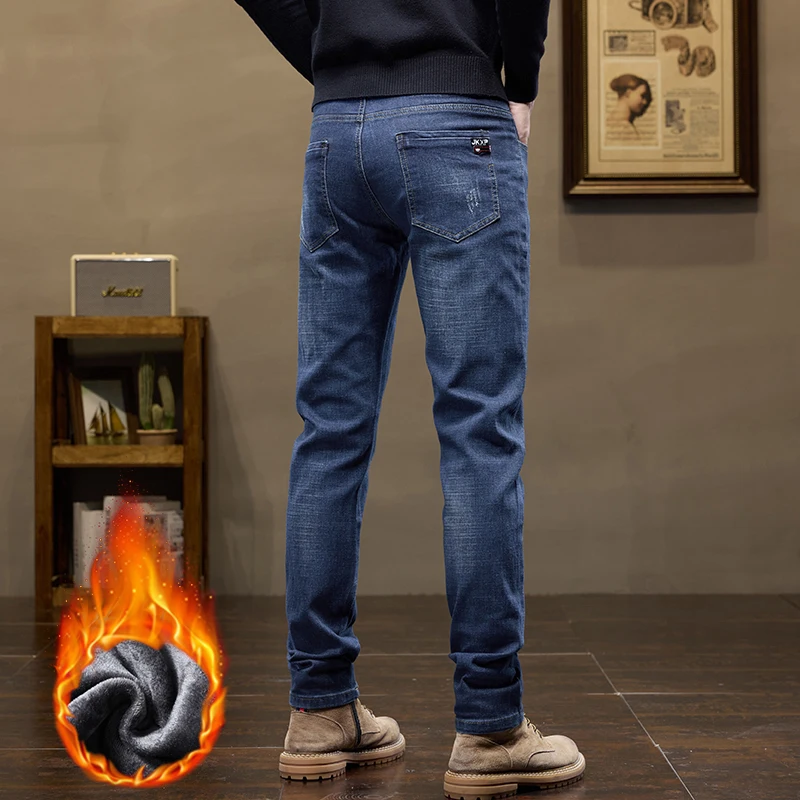 Jeans caldi in pile invernale da uomo nuovi Pantaloni casual dritti lavati da lavoro Pantaloni in denim maschile versatili elasticizzati termici ispessiti 3