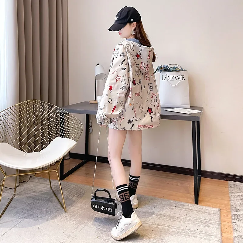 Doppio strato di usura su due lati Primavera Autunno Stile pigro Alla moda Con cappuccio Allentato Manica lunga Giacca sottile Cappotto da donna Capispalla casual 4