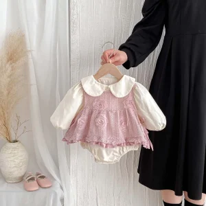 Autunno e inverno bambino femmina neonato abito a maniche lunghe in stile coreano gilet in pizzo rosa contrasto vestito a due pezzi 1