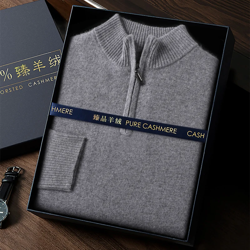 100% capra cashmere uomo maglione con collo a lupetto pullover con cerniera autunno inverno spesso classico solido maglieria allentata vestiti coreani da uomo 4