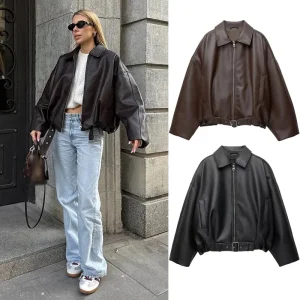 Giubbotti bomber in pelle PU vintage 2025 Autunno nuove signore cerniera risvolto manica lunga tasca cappotto con cintura streetwear allentato da donna 1