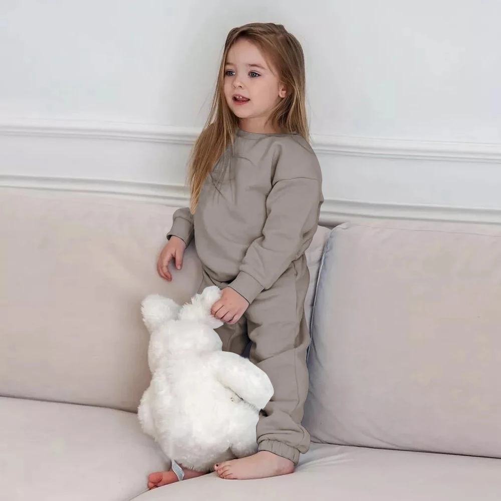 2025 nuovi arrivi bambine abbigliamento tuta 2 pezzi set caldo pile pianura top felpa + pantaloni loungewear vestito per bambini 2