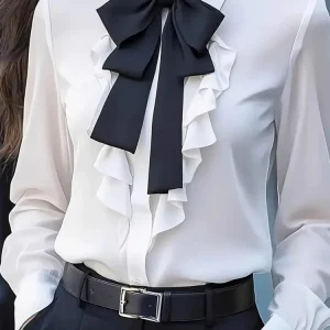 Camicetta patchwork con fiocco colletto rovesciato primavera autunno da donna Camicia monopetto chic a maniche lunghe da donna 2025 Solid Streetwear 1