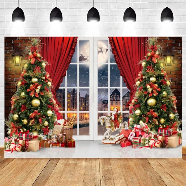 Sfondo di fotografia di natale camino in mattoni bianchi orso albero di natale sfondi bambini bambini festa in famiglia decorazioni per feste Banner 4