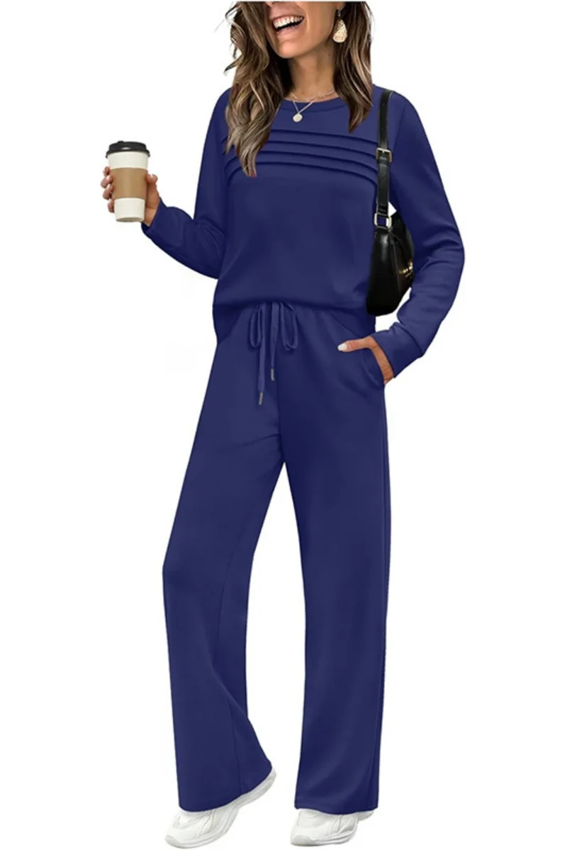 2025 Nuovo Autunno Europeo e Americano Transfrontaliero Vestito da Donna Manica Lunga Girocollo Top Casual Elastico in Vita Larga Leganti 5