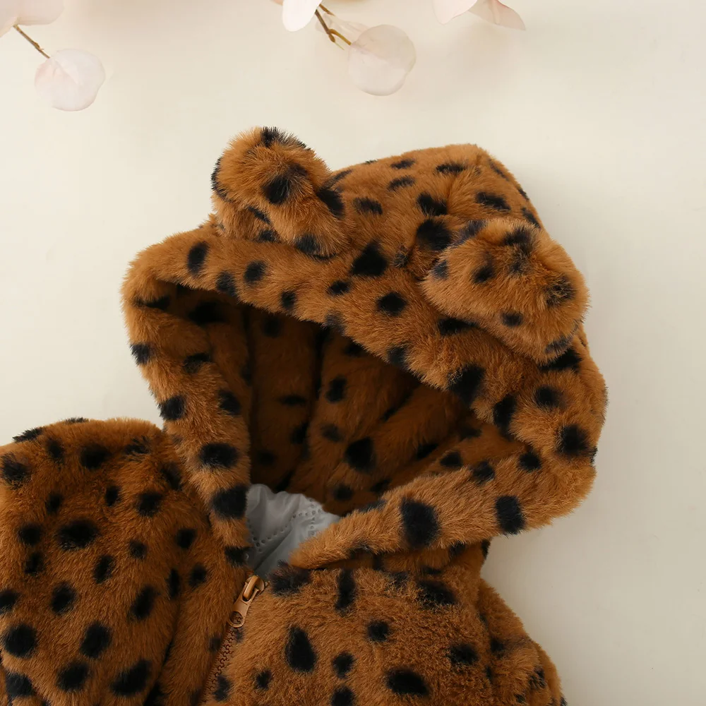Cappotto da bambina Autunno/Inverno Stampa leopardata Giacca da ragazza calda con cappuccio Orecchie carine Capispalla per bambini Vestiti invernali per bambini 4