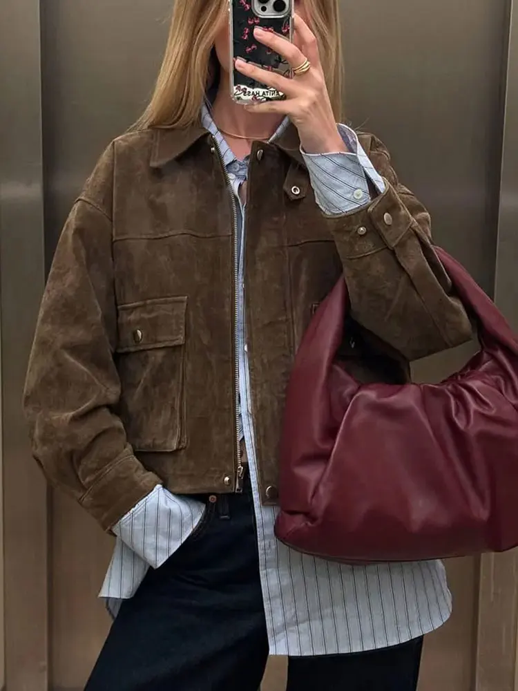 Giacca in pelle scamosciata da donna vintage con risvolto solido con cerniera maniche lunghe tasche cappotto 2025 autunno casual High Street Lady Outwear 5