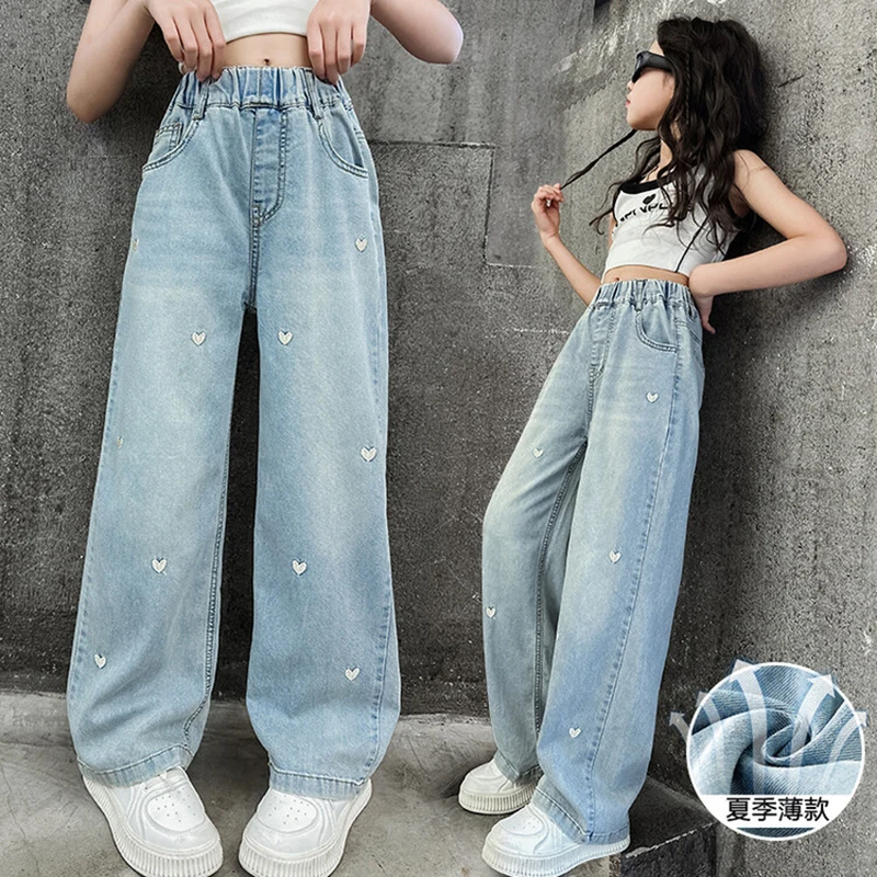 Nuovi jeans per ragazze adolescenti traspiranti autunno estate stampa completa modello a cuore pantaloni in denim a gamba larga per bambini da 4 a 14 anni 1
