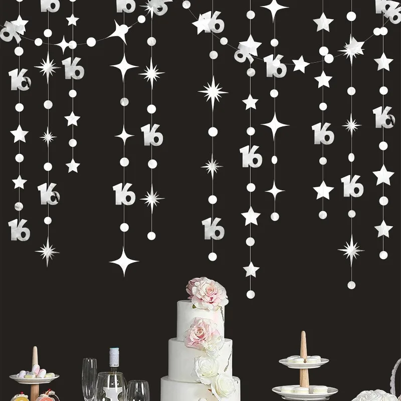 Argento numero 16 Circle Dots Twinkle Star Garland Banner decorazioni sullo sfondo per ragazze ragazzi 16th Birthday Anniversary Party 5