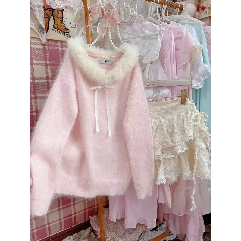 Maglioni coreani rosa dolce da donna eleganti con spalle scoperte camicie Kawaii carine maniche lunghe femminili pullover casual bianchi inverno 2025 5