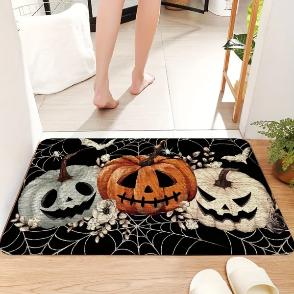 Tappeto decorativo con zucca di Halloween Tappetino con design a ragnatela di zucca nera Tappetino decorativo per porta d'ingresso spaventoso e spettrale 5