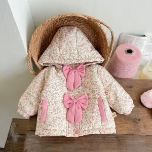 Inverno Neonato Neonate Cappotto con cappuccio con fiocco floreale Giacca invernale Moda per bambini Abbigliamento per bambini 1