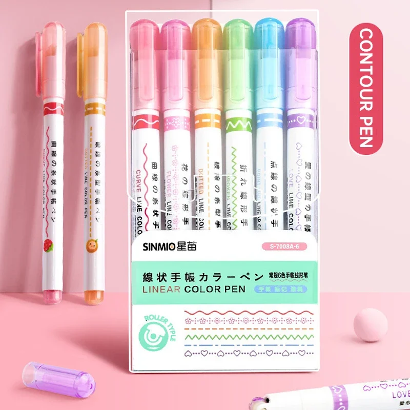 6 pezzi/set penne per contorni a forma di fiore evidenziatore pennarello curva punta a rullo penna carina cancelleria Kawaii Graffiti accessori per la scuola 6