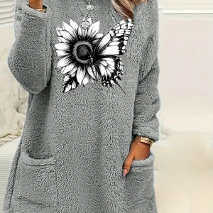 Felpa in pile da donna taglie forti Girocollo stampato con farfalla girocollo Maglione morbido e caldo Pullover invernale a maniche lunghe casual 1