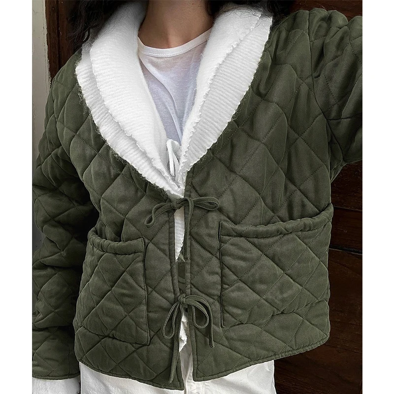 Giacca trapuntata elegante con lacci da donna Nuovo arrivo girocollo manica lunga caldo cappotto invernale con tasche Abiti da donna 5