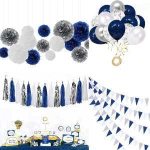 Blu navy bianco argento decorazioni per feste blu royal carta pom pom fiori banner per compleanno baby shower ancoraggio nautica pirata 1