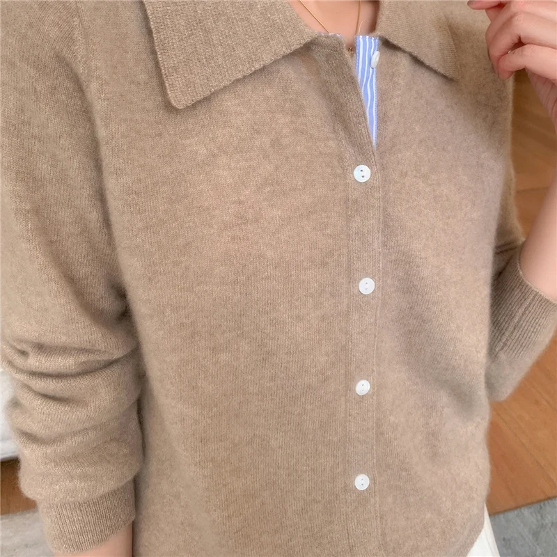 Camicia con colletto polo da donna Cardigan Maglione di lana merino Manica lunga Color Bar Abbigliamento Primavera Autunno Maglieria calda Top femminile 6