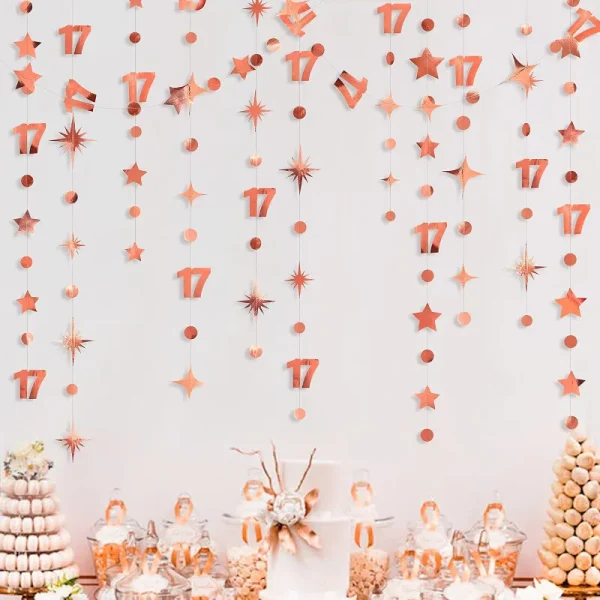 Decorazioni per il 17° compleanno in oro rosa Numero 17 Cerchio Dot Star Ghirlanda Banner Sfondo per ragazze Forniture per feste del 17° compleanno 4
