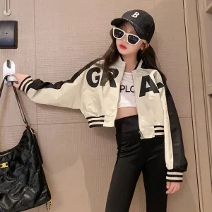 Giacca moda per ragazze 2024 New Teen primavera autunno cappotti bambini lettera Zipper Trends giacca a vento 4-14 anni abbigliamento Casual per bambini 1