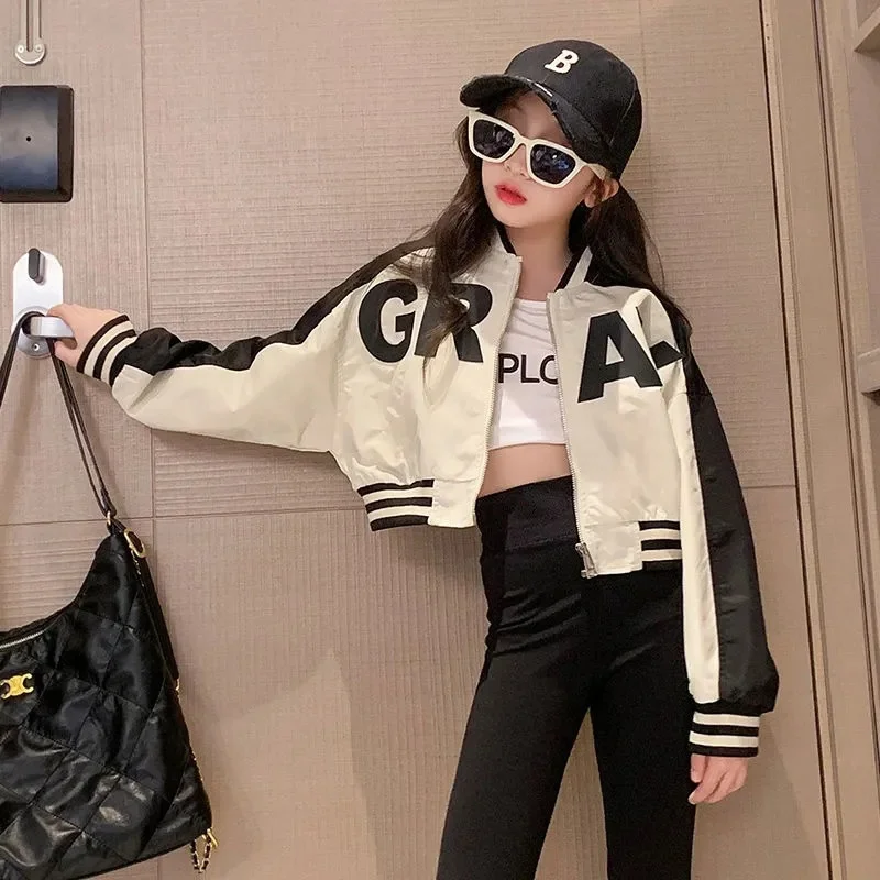 Giacca moda per ragazze 2024 New Teen primavera autunno cappotti bambini lettera Zipper Trends giacca a vento 4-14 anni abbigliamento Casual per bambini 1