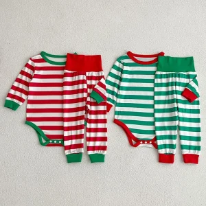 2024 Set di Natale Abbigliamento per bambini Set per bambini Strisce rosse verdi Inverno Nuova tuta per bambini + pantaloni 2 pezzi Abbigliamento per bambini carino 1
