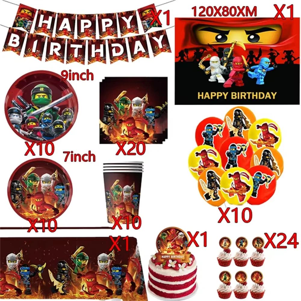 Cartoon Ninja Decorazioni di compleanno Stoviglie di carta Piatto Tazza Tovaglia Palloncini foil Banner per bambini Toppers per torte Articoli per feste 1