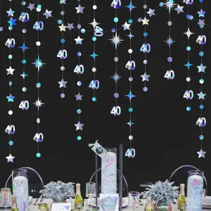 Decorazioni iridescenti per il 40° compleanno Numero 40 Cerchio Dot Twinkle Star Ghirlanda Banner per donne Fornitura per feste di compleanno di 40 anni 1