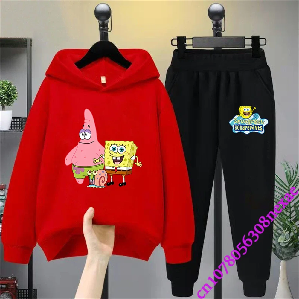 Spongebob primavera e autunno abbigliamento per bambini ragazzi e ragazze maglione vestito 2 pezzi stampa cartone animato maglione abbigliamento sportivo pantaloni 4