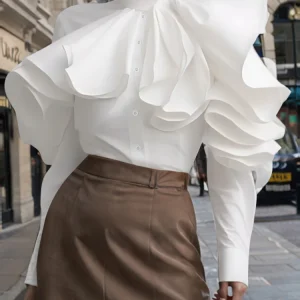 ZANZEA Elegante Camicetta da Ufficio Donna 2025 Moda Increspato Cuciture Solido Camicie 3D Manica Lunga Magliette e camicette Casual Bottoni Allentati Tuniche 1